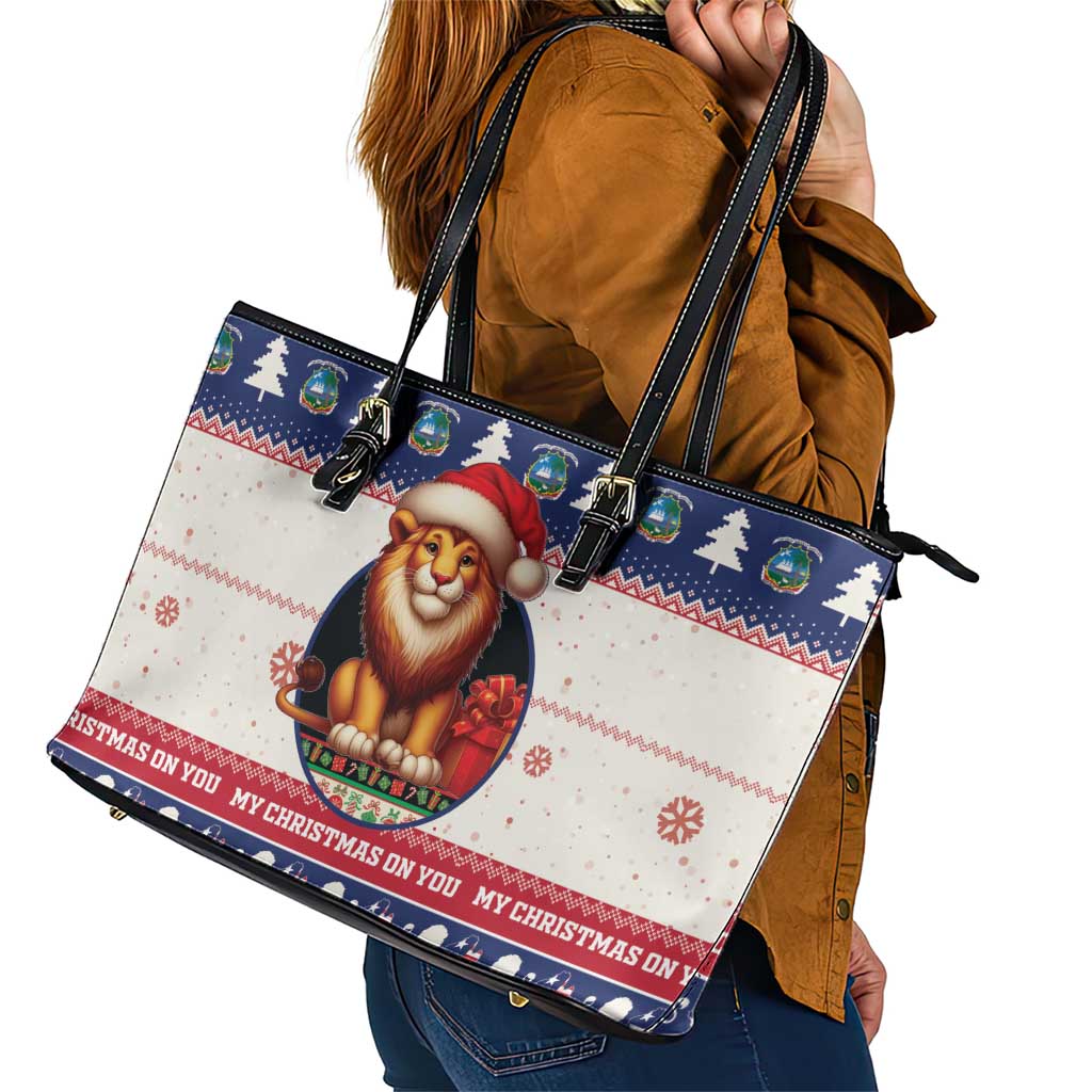 Liberia Christmas Leather Tote Bag My Christmas On You - Lion Santa - Wonder Print Shop