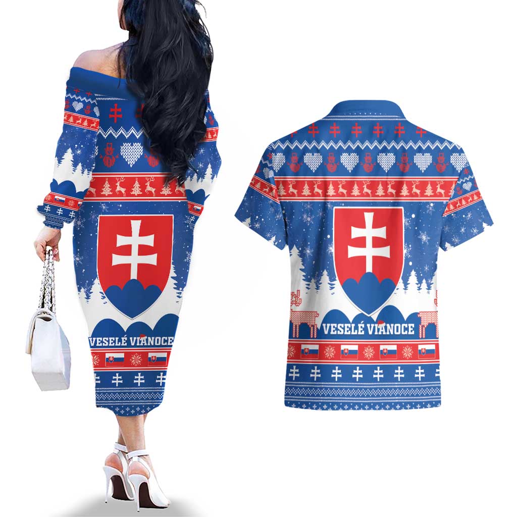 Slovakia Christmas Couples Matching Off The Shoulder Long Sleeve Dress and Hawaiian Shirt Vesele Vianoce - Coat Of Arms - Wonder Print Shop