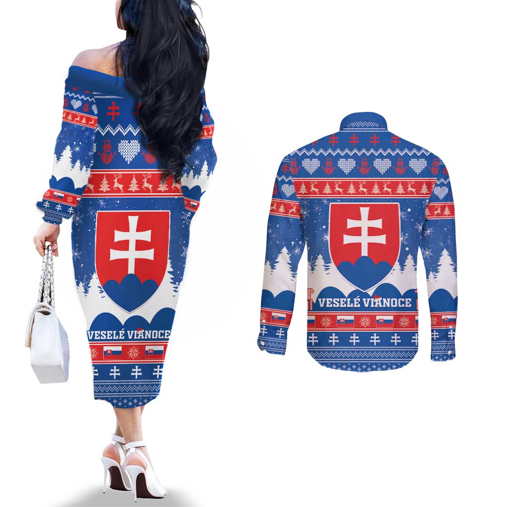 Slovakia Christmas Couples Matching Off The Shoulder Long Sleeve Dress and Long Sleeve Button Shirt Vesele Vianoce - Coat Of Arms