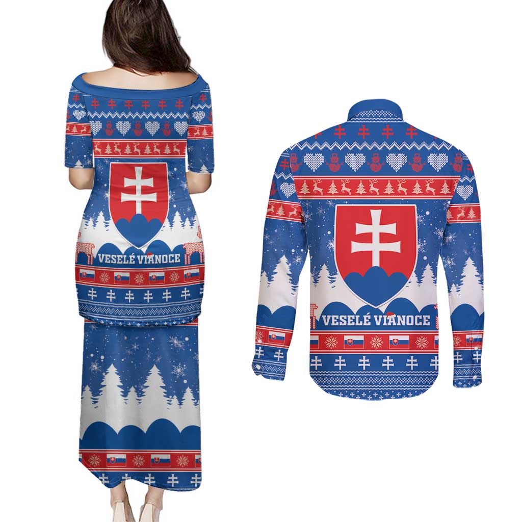 Slovakia Christmas Couples Matching Puletasi and Long Sleeve Button Shirt Vesele Vianoce - Coat Of Arms - Wonder Print Shop