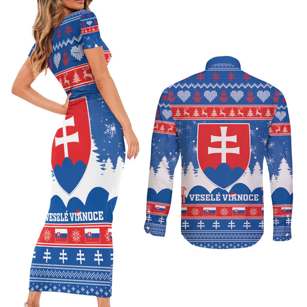 Slovakia Christmas Couples Matching Short Sleeve Bodycon Dress and Long Sleeve Button Shirt Vesele Vianoce - Coat Of Arms - Wonder Print Shop