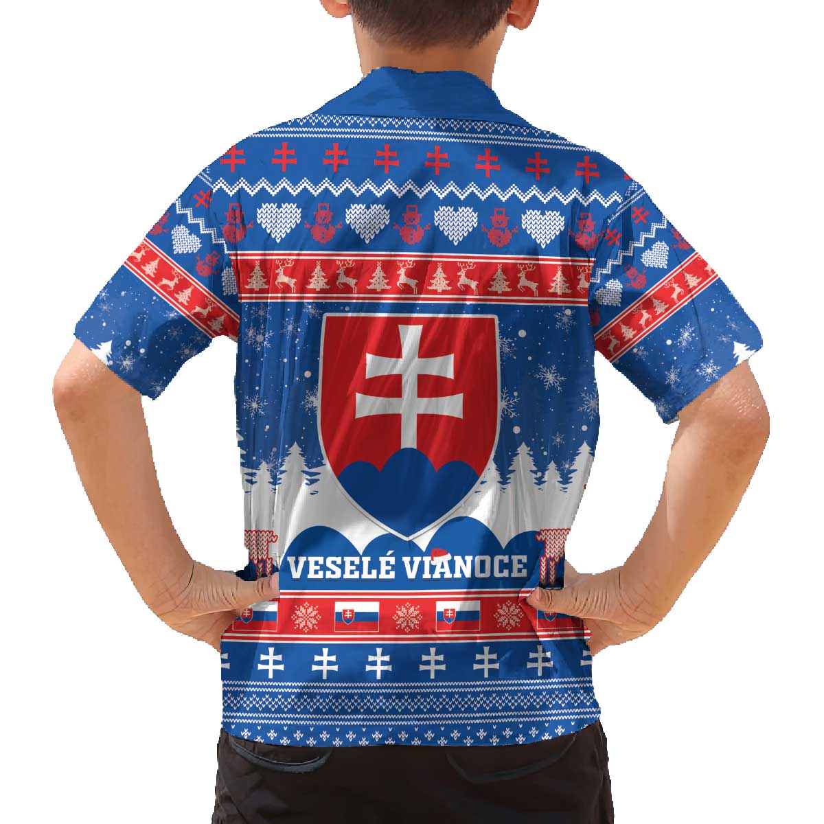 Slovakia Christmas Family Matching Off The Shoulder Long Sleeve Dress and Hawaiian Shirt Vesele Vianoce - Coat Of Arms - Wonder Print Shop