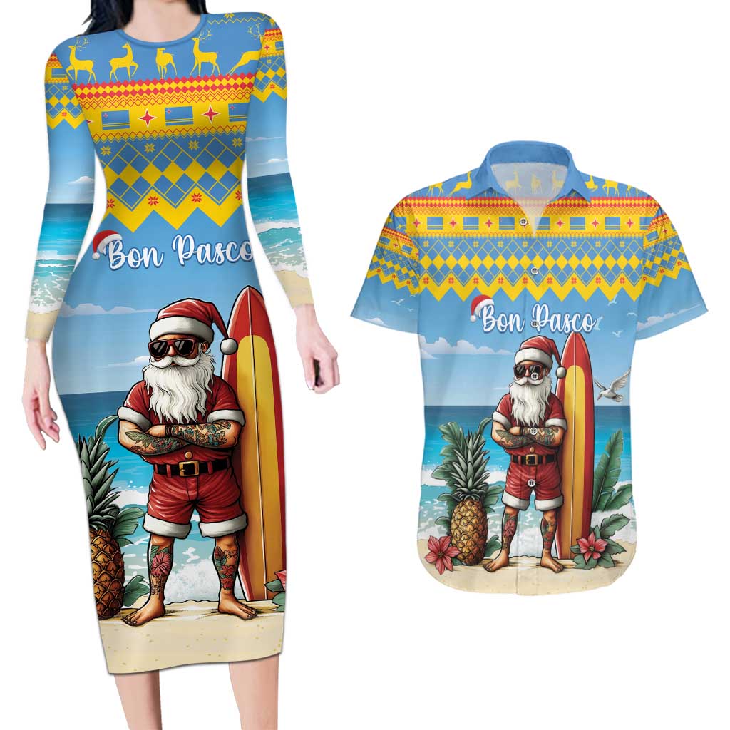 Aruba Christmas Couples Matching Long Sleeve Bodycon Dress and Hawaiian Shirt Surfing Santa Bon Pasco - Wonder Print Shop