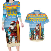 Aruba Christmas Couples Matching Long Sleeve Bodycon Dress and Hawaiian Shirt Surfing Santa Bon Pasco - Wonder Print Shop