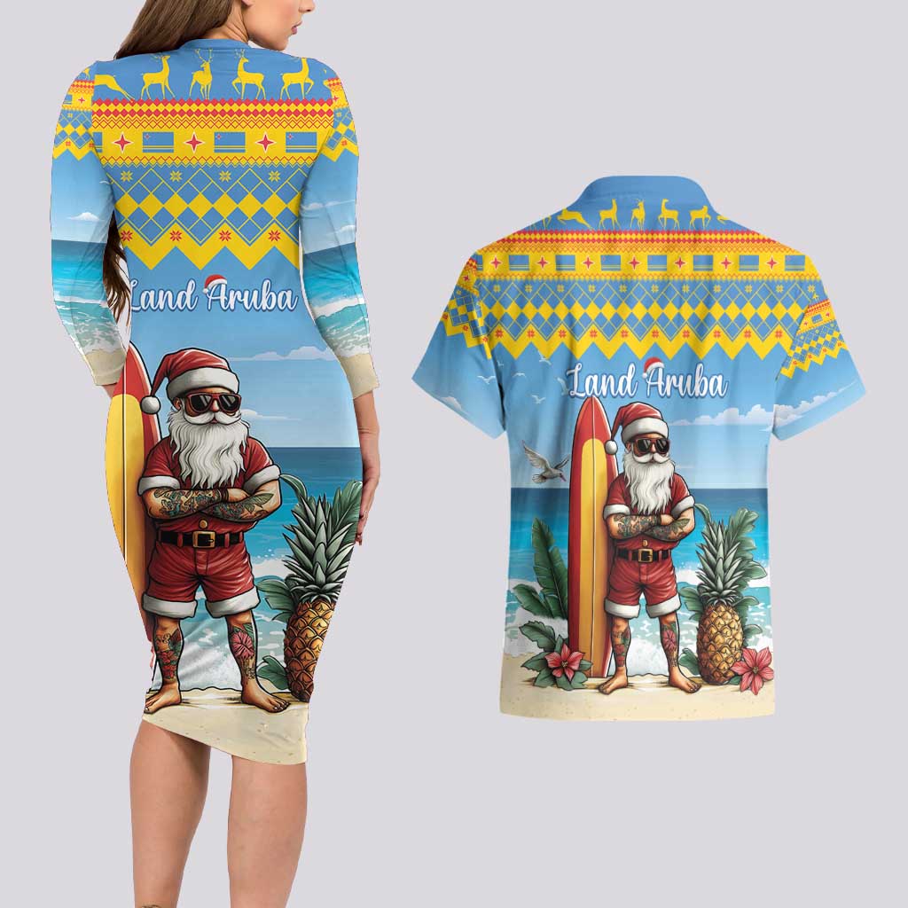 Aruba Christmas Couples Matching Long Sleeve Bodycon Dress and Hawaiian Shirt Surfing Santa Bon Pasco - Wonder Print Shop