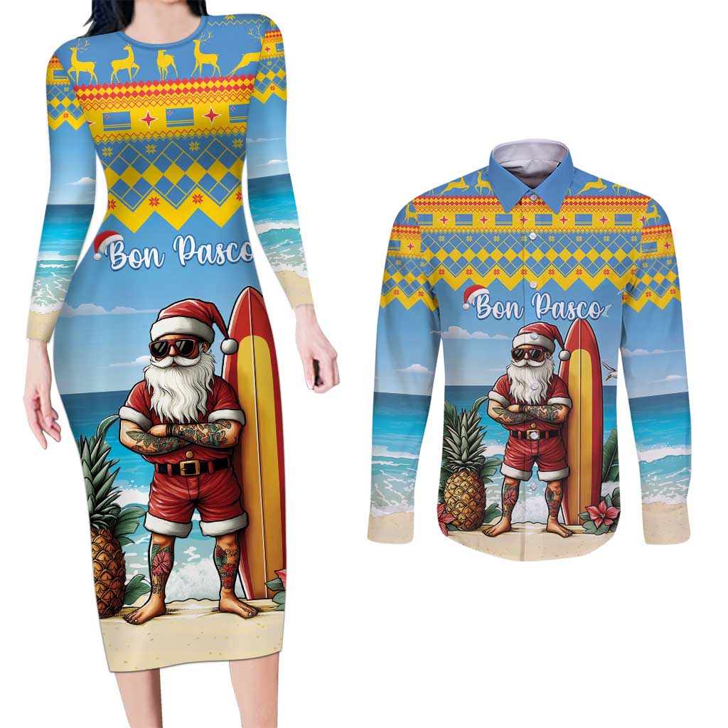 Aruba Christmas Couples Matching Long Sleeve Bodycon Dress and Long Sleeve Button Shirt Surfing Santa Bon Pasco - Wonder Print Shop