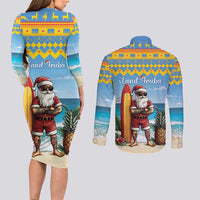 Aruba Christmas Couples Matching Long Sleeve Bodycon Dress and Long Sleeve Button Shirt Surfing Santa Bon Pasco - Wonder Print Shop