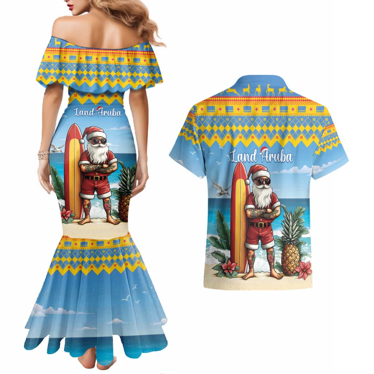 Aruba Christmas Couples Matching Mermaid Dress and Hawaiian Shirt Surfing Santa Bon Pasco - Wonder Print Shop