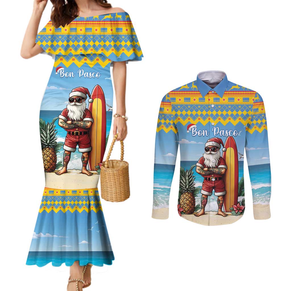 Aruba Christmas Couples Matching Mermaid Dress and Long Sleeve Button Shirt Surfing Santa Bon Pasco