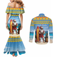 Aruba Christmas Couples Matching Mermaid Dress and Long Sleeve Button Shirt Surfing Santa Bon Pasco