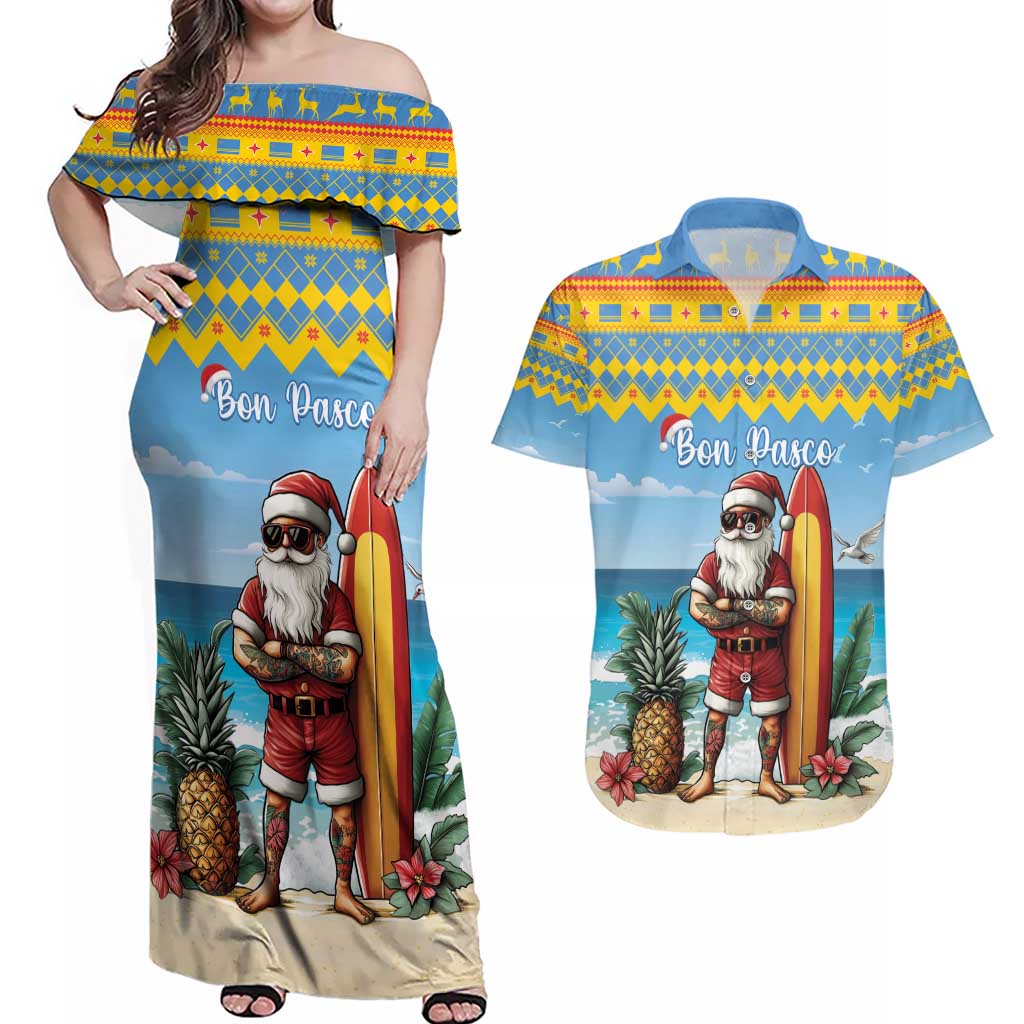 Aruba Christmas Couples Matching Off Shoulder Maxi Dress and Hawaiian Shirt Surfing Santa Bon Pasco - Wonder Print Shop