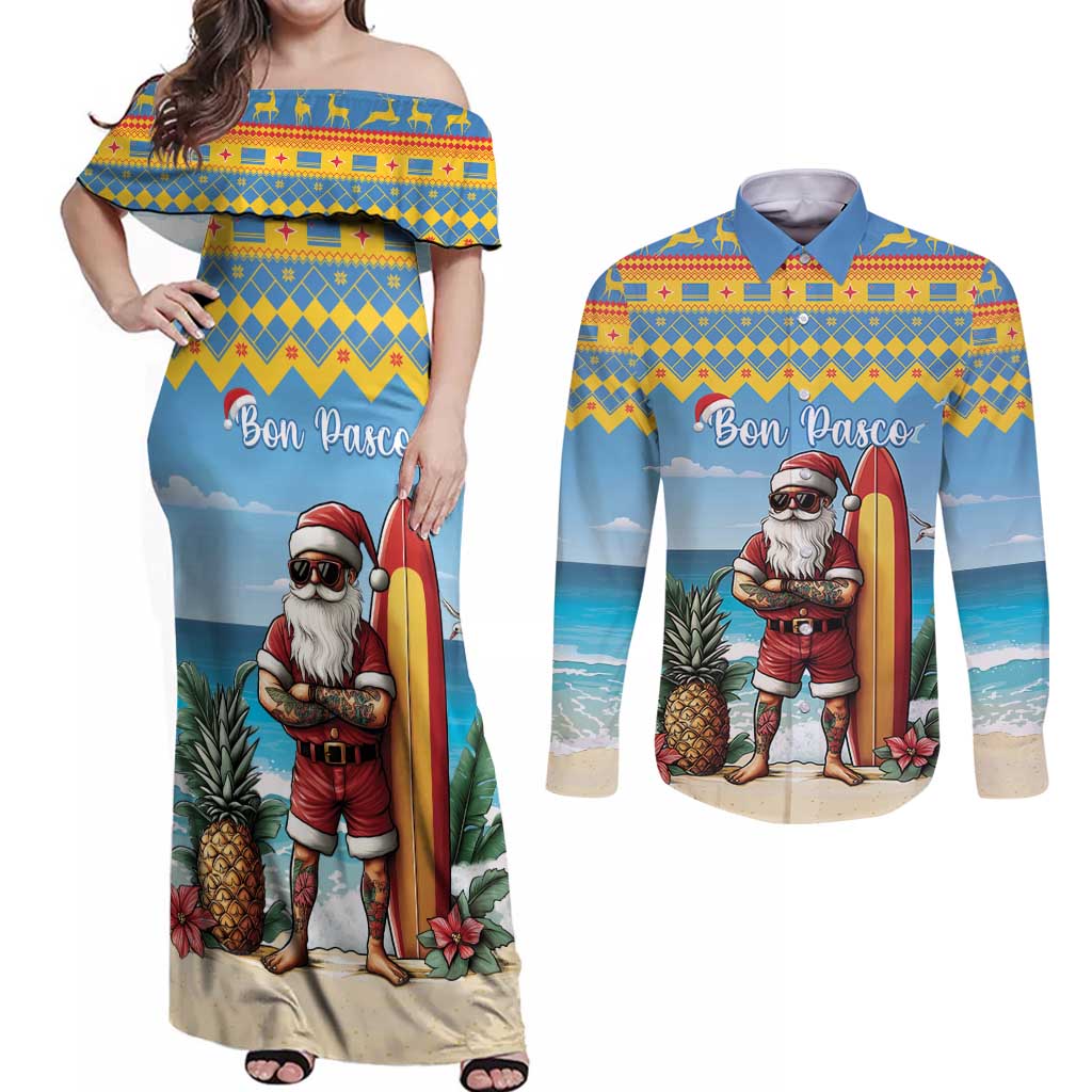 Aruba Christmas Couples Matching Off Shoulder Maxi Dress and Long Sleeve Button Shirt Surfing Santa Bon Pasco - Wonder Print Shop