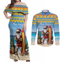 Aruba Christmas Couples Matching Off Shoulder Maxi Dress and Long Sleeve Button Shirt Surfing Santa Bon Pasco - Wonder Print Shop