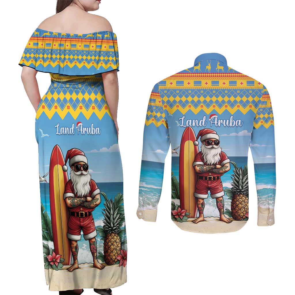 Aruba Christmas Couples Matching Off Shoulder Maxi Dress and Long Sleeve Button Shirt Surfing Santa Bon Pasco - Wonder Print Shop