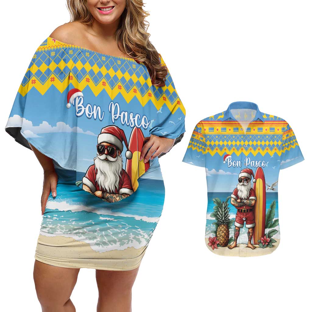Aruba Christmas Couples Matching Off Shoulder Short Dress and Hawaiian Shirt Surfing Santa Bon Pasco - Wonder Print Shop