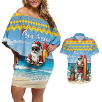 Aruba Christmas Couples Matching Off Shoulder Short Dress and Hawaiian Shirt Surfing Santa Bon Pasco - Wonder Print Shop