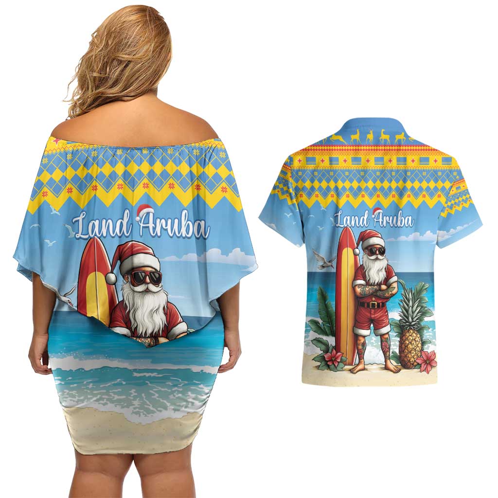 Aruba Christmas Couples Matching Off Shoulder Short Dress and Hawaiian Shirt Surfing Santa Bon Pasco - Wonder Print Shop