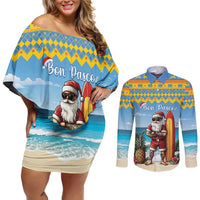 Aruba Christmas Couples Matching Off Shoulder Short Dress and Long Sleeve Button Shirt Surfing Santa Bon Pasco - Wonder Print Shop