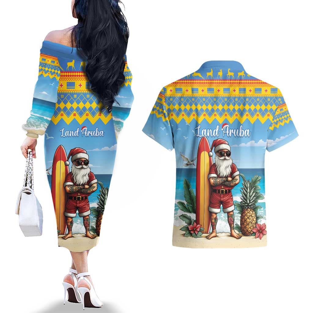 Aruba Christmas Couples Matching Off The Shoulder Long Sleeve Dress and Hawaiian Shirt Surfing Santa Bon Pasco - Wonder Print Shop