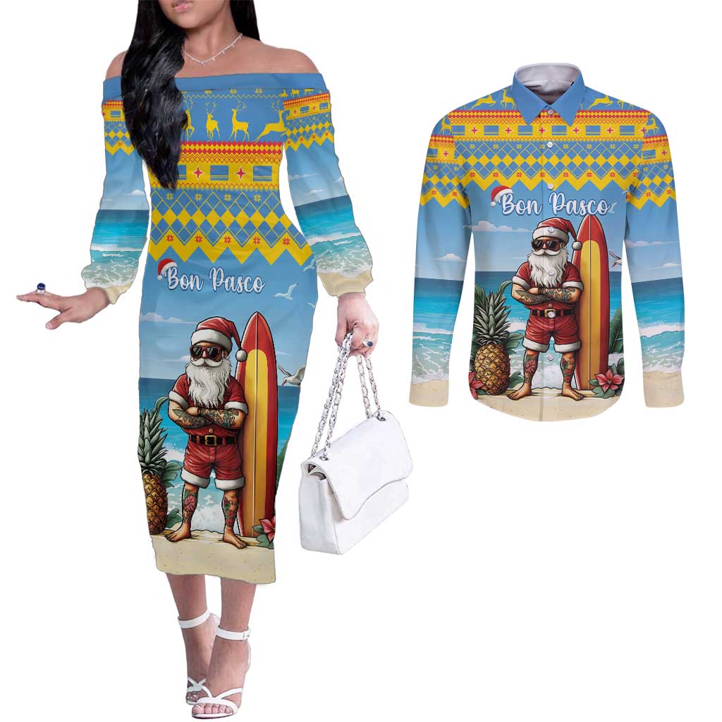 Aruba Christmas Couples Matching Off The Shoulder Long Sleeve Dress and Long Sleeve Button Shirt Surfing Santa Bon Pasco