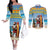 Aruba Christmas Couples Matching Off The Shoulder Long Sleeve Dress and Long Sleeve Button Shirt Surfing Santa Bon Pasco