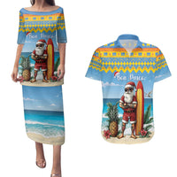 Aruba Christmas Couples Matching Puletasi and Hawaiian Shirt Surfing Santa Bon Pasco - Wonder Print Shop