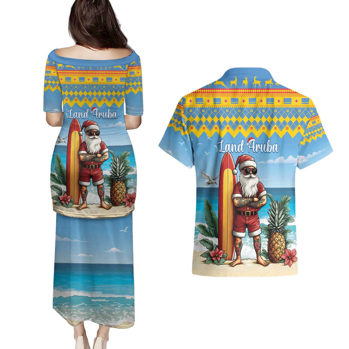 Aruba Christmas Couples Matching Puletasi and Hawaiian Shirt Surfing Santa Bon Pasco - Wonder Print Shop