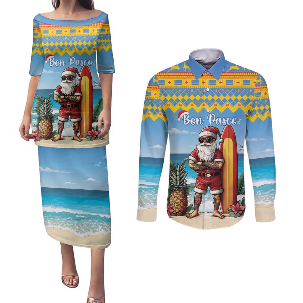 Aruba Christmas Couples Matching Puletasi and Long Sleeve Button Shirt Surfing Santa Bon Pasco - Wonder Print Shop