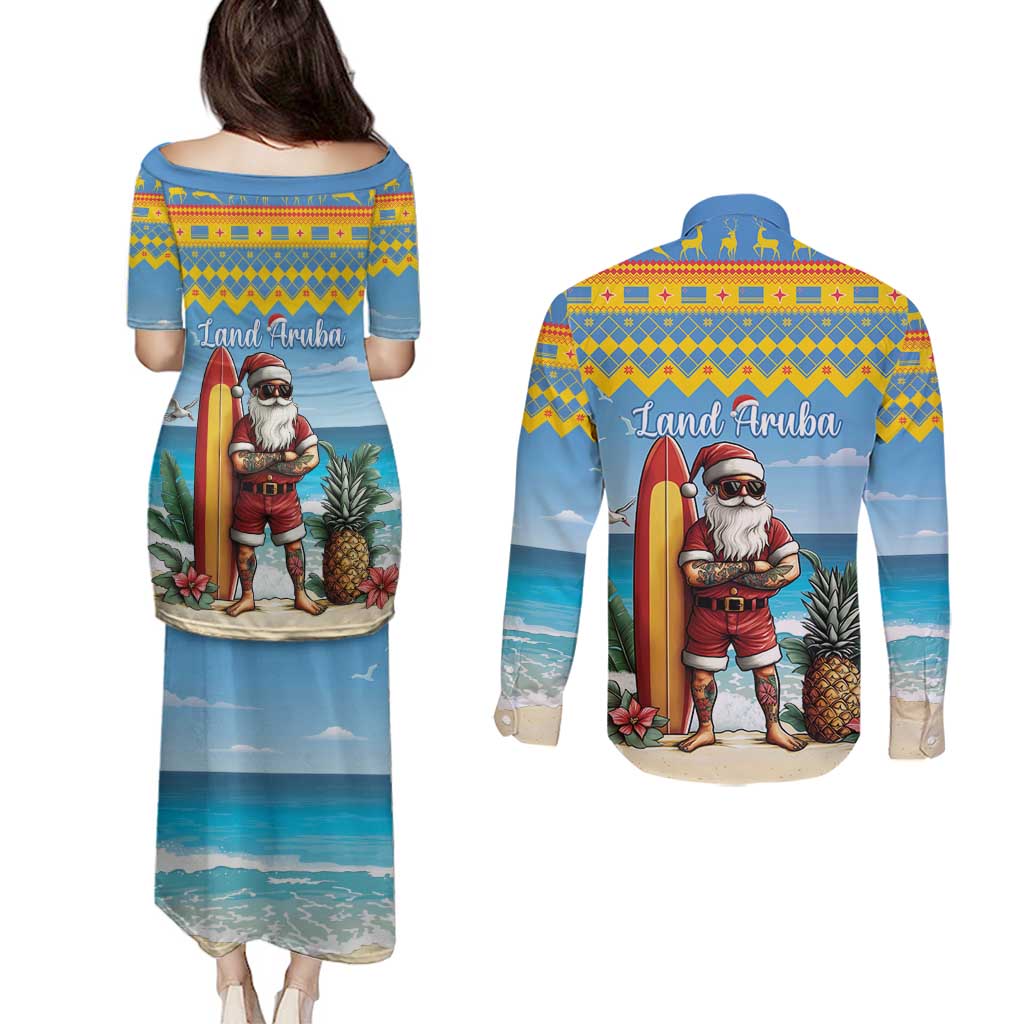 Aruba Christmas Couples Matching Puletasi and Long Sleeve Button Shirt Surfing Santa Bon Pasco - Wonder Print Shop