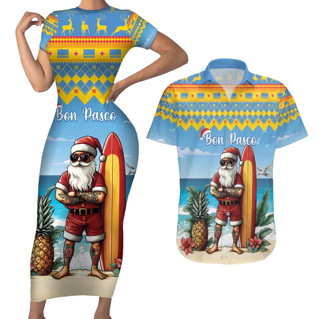Aruba Christmas Couples Matching Short Sleeve Bodycon Dress and Hawaiian Shirt Surfing Santa Bon Pasco - Wonder Print Shop