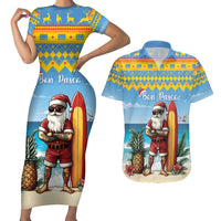 Aruba Christmas Couples Matching Short Sleeve Bodycon Dress and Hawaiian Shirt Surfing Santa Bon Pasco - Wonder Print Shop