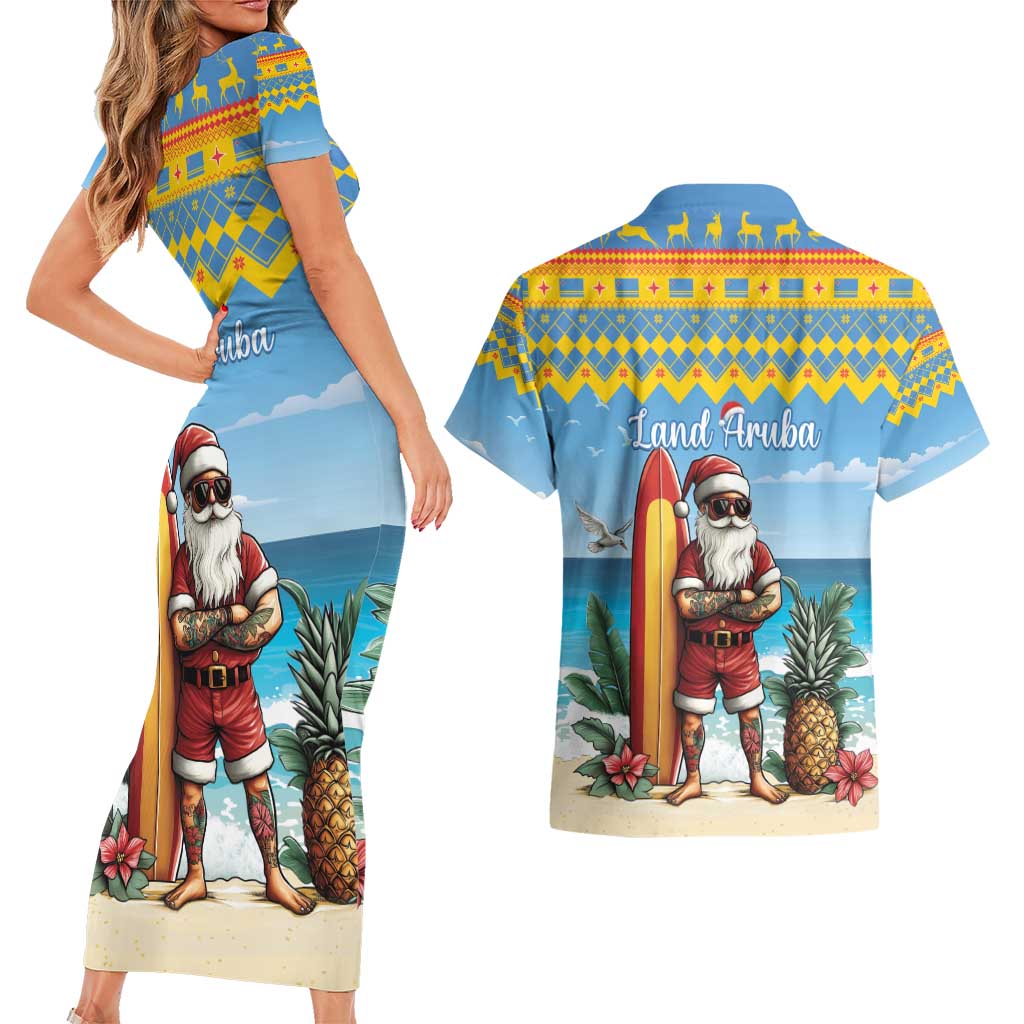 Aruba Christmas Couples Matching Short Sleeve Bodycon Dress and Hawaiian Shirt Surfing Santa Bon Pasco - Wonder Print Shop
