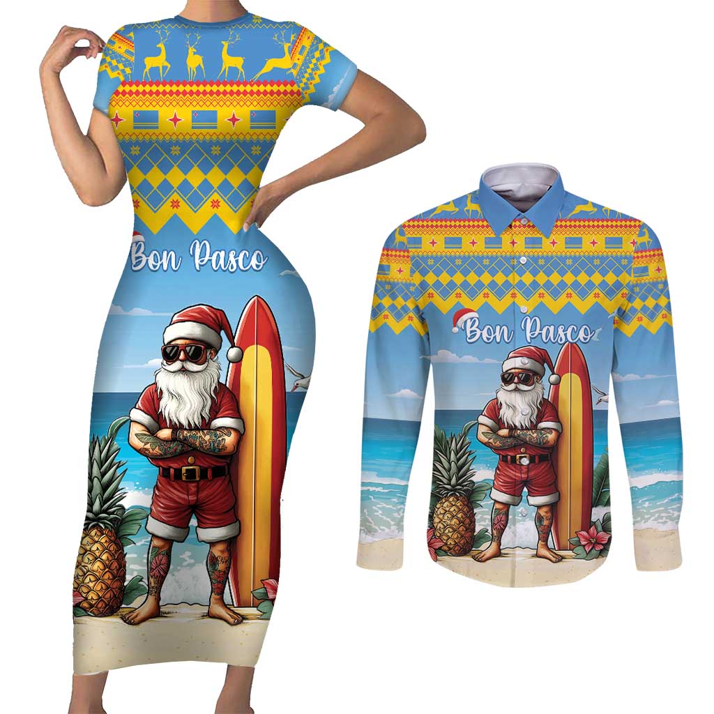 Aruba Christmas Couples Matching Short Sleeve Bodycon Dress and Long Sleeve Button Shirt Surfing Santa Bon Pasco - Wonder Print Shop