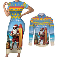 Aruba Christmas Couples Matching Short Sleeve Bodycon Dress and Long Sleeve Button Shirt Surfing Santa Bon Pasco - Wonder Print Shop