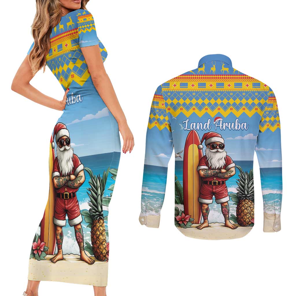 Aruba Christmas Couples Matching Short Sleeve Bodycon Dress and Long Sleeve Button Shirt Surfing Santa Bon Pasco - Wonder Print Shop