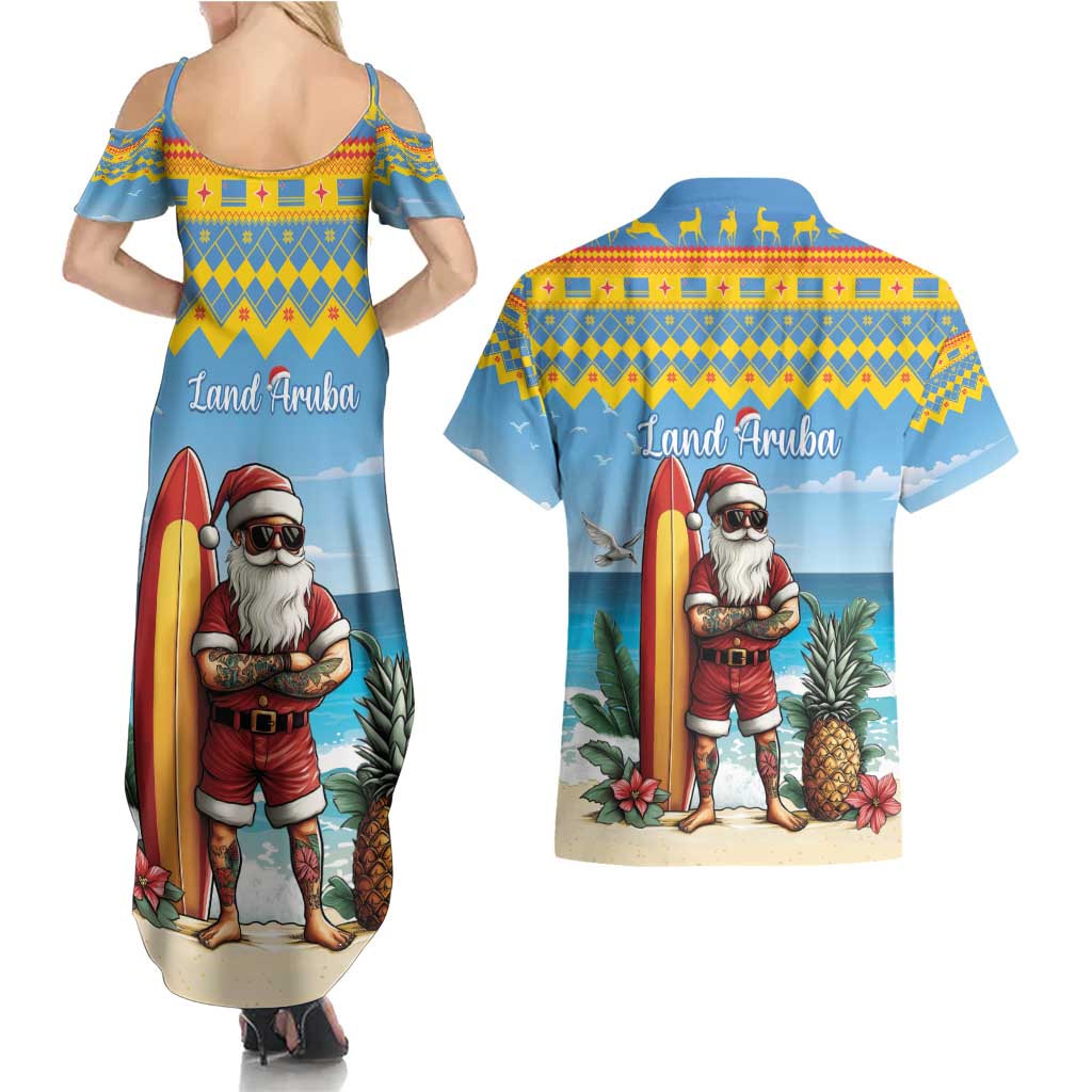 Aruba Christmas Couples Matching Summer Maxi Dress and Hawaiian Shirt Surfing Santa Bon Pasco - Wonder Print Shop