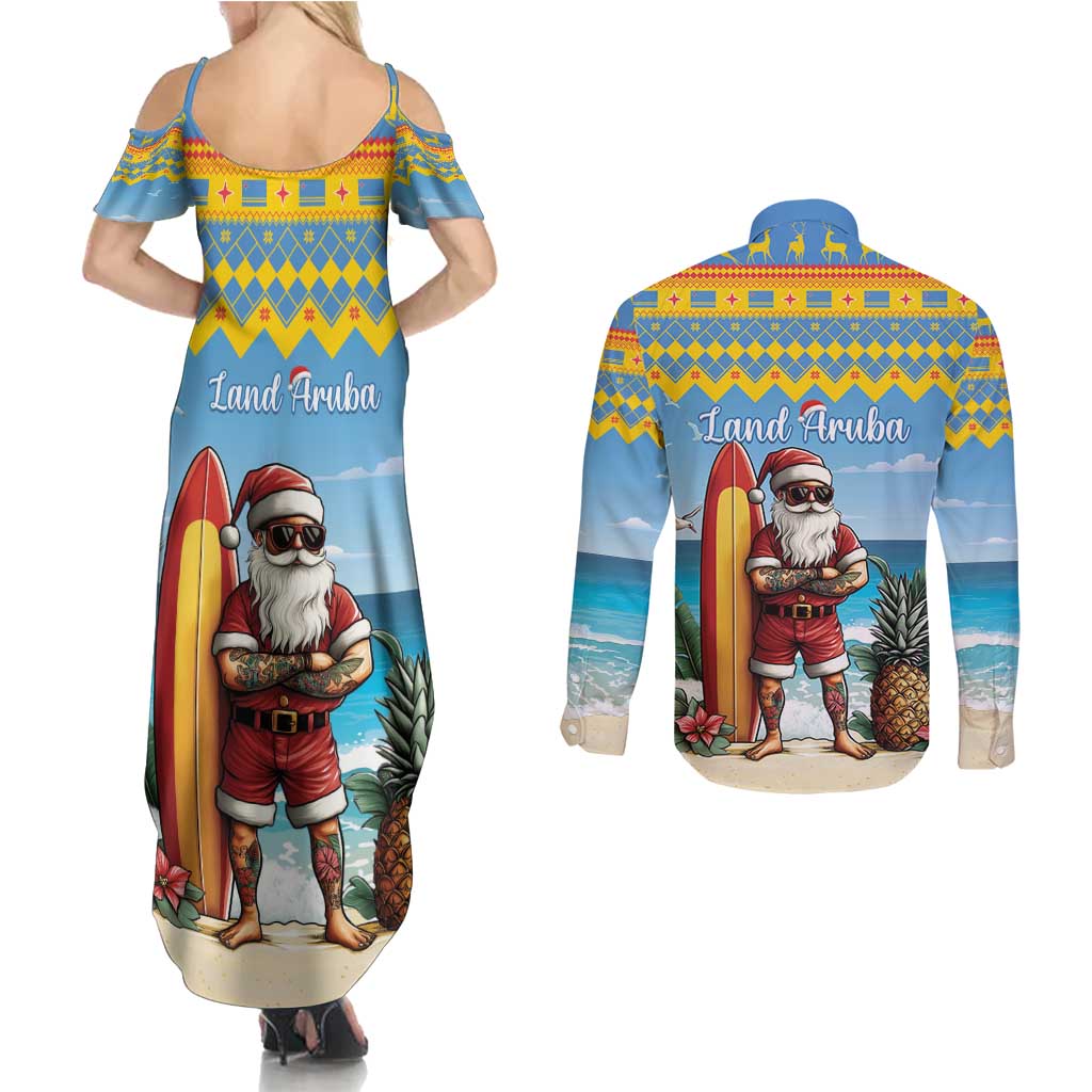 Aruba Christmas Couples Matching Summer Maxi Dress and Long Sleeve Button Shirt Surfing Santa Bon Pasco - Wonder Print Shop