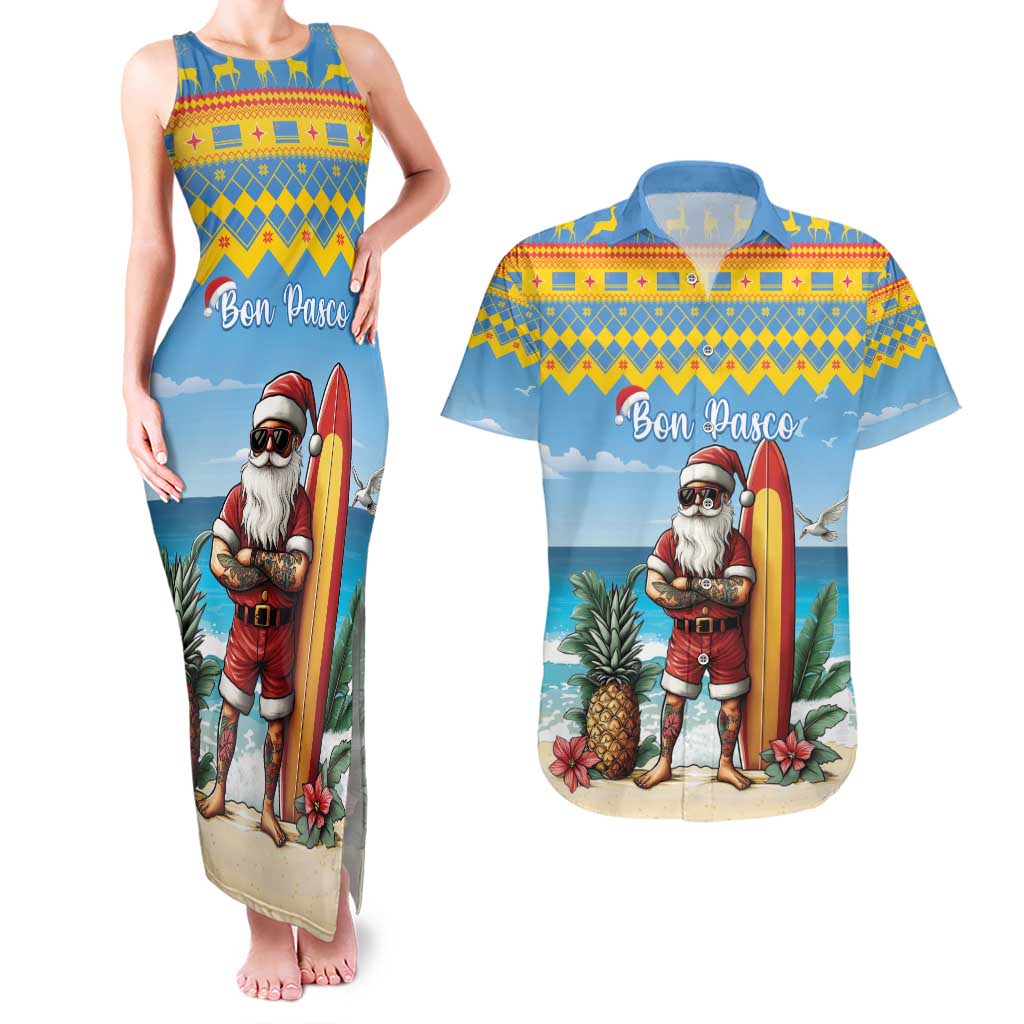 Aruba Christmas Couples Matching Tank Maxi Dress and Hawaiian Shirt Surfing Santa Bon Pasco - Wonder Print Shop