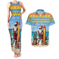 Aruba Christmas Couples Matching Tank Maxi Dress and Hawaiian Shirt Surfing Santa Bon Pasco - Wonder Print Shop