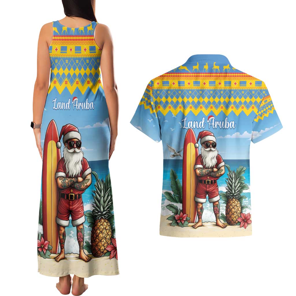 Aruba Christmas Couples Matching Tank Maxi Dress and Hawaiian Shirt Surfing Santa Bon Pasco - Wonder Print Shop