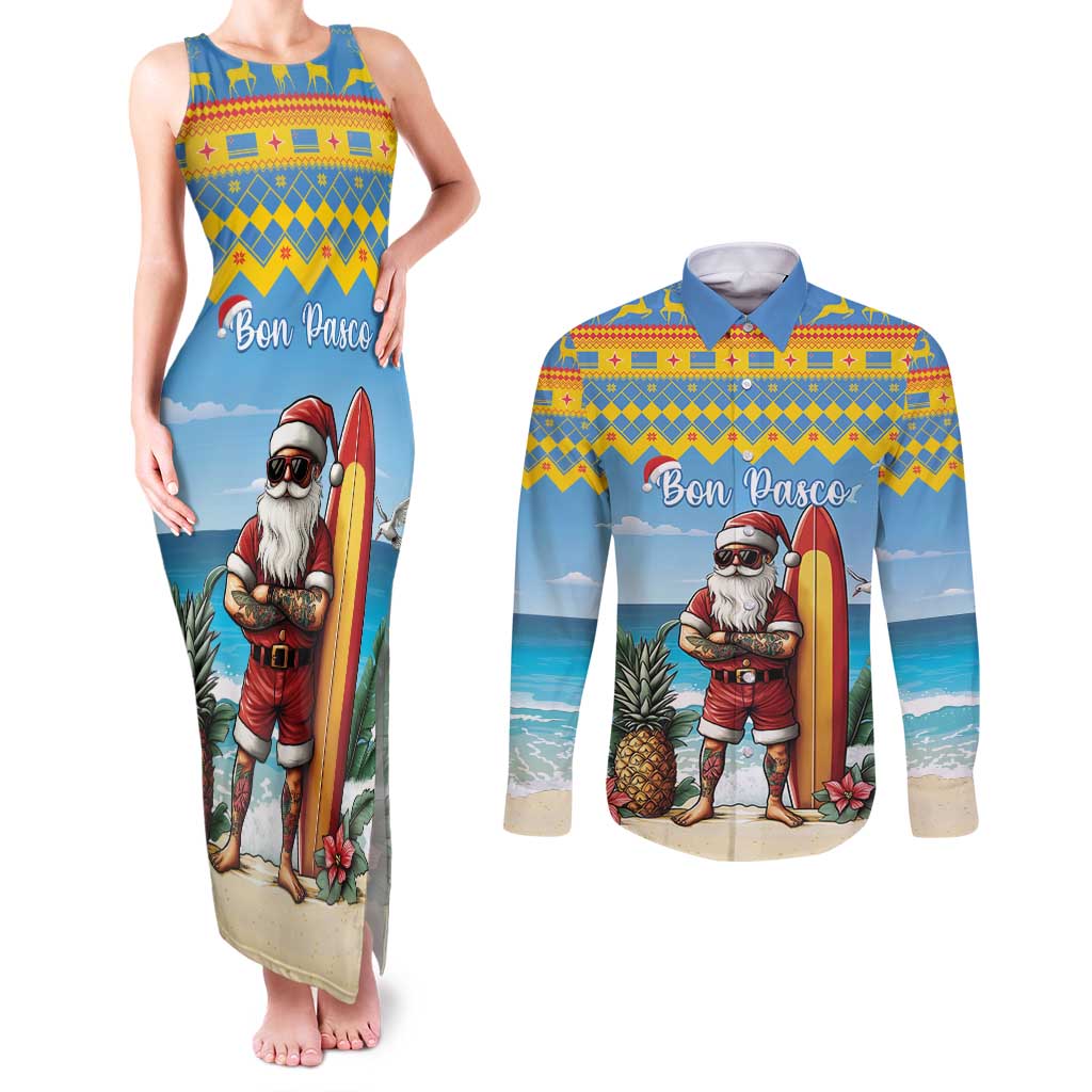 Aruba Christmas Couples Matching Tank Maxi Dress and Long Sleeve Button Shirt Surfing Santa Bon Pasco - Wonder Print Shop