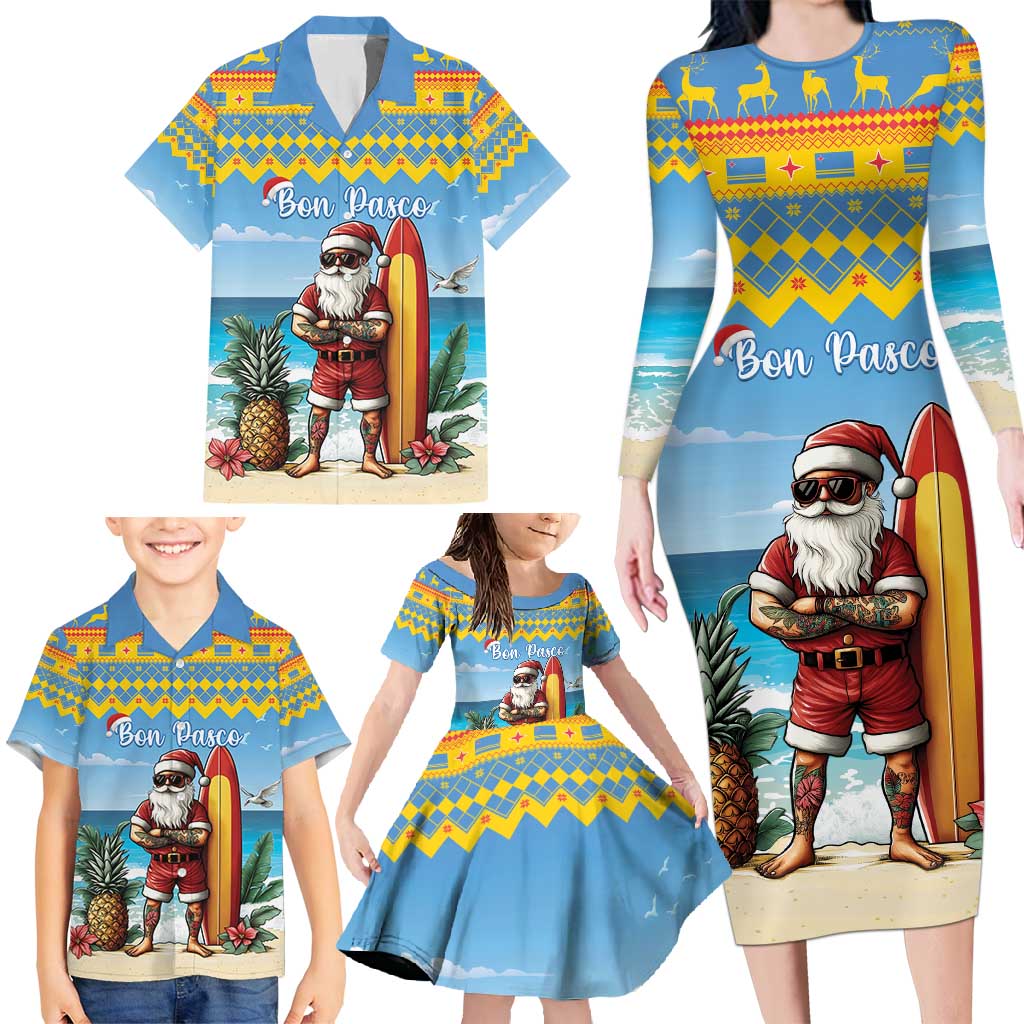 Aruba Christmas Family Matching Long Sleeve Bodycon Dress and Hawaiian Shirt Surfing Santa Bon Pasco - Wonder Print Shop