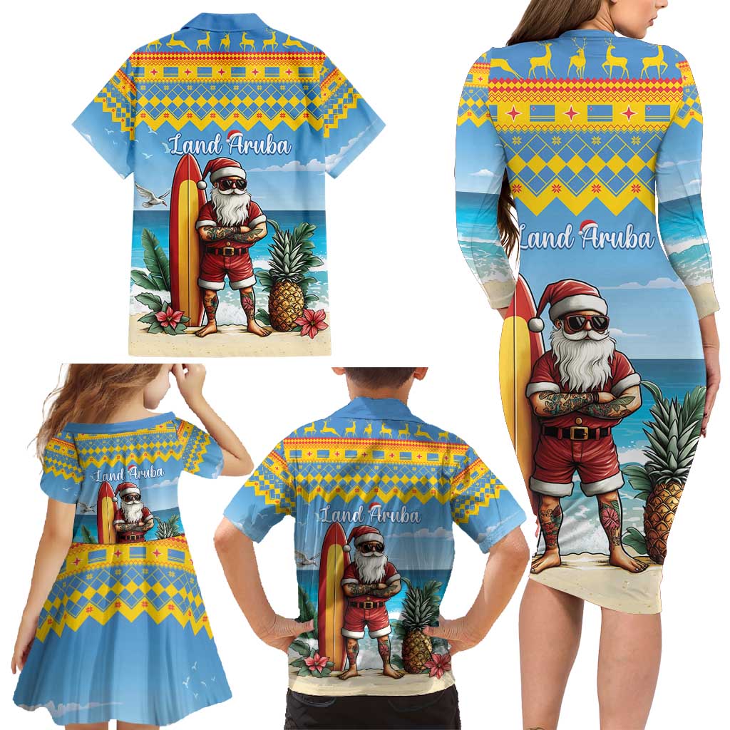 Aruba Christmas Family Matching Long Sleeve Bodycon Dress and Hawaiian Shirt Surfing Santa Bon Pasco - Wonder Print Shop