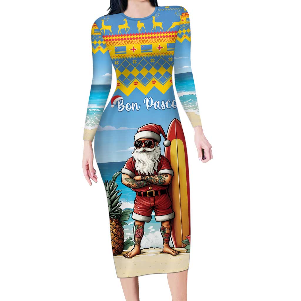 Aruba Christmas Family Matching Long Sleeve Bodycon Dress and Hawaiian Shirt Surfing Santa Bon Pasco - Wonder Print Shop