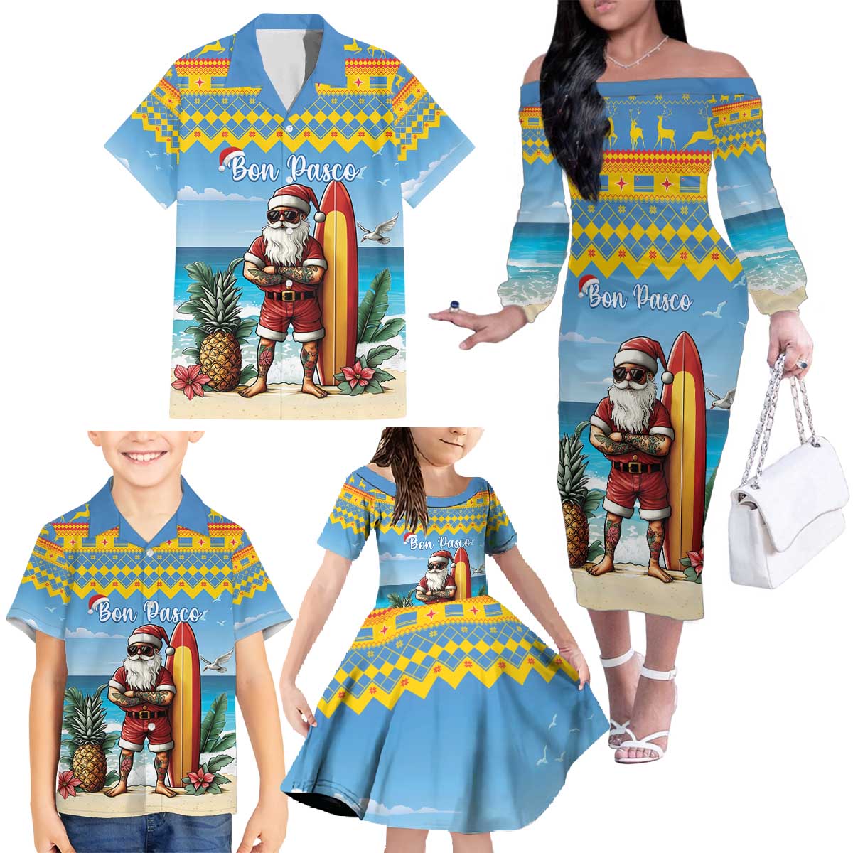 Aruba Christmas Family Matching Off The Shoulder Long Sleeve Dress and Hawaiian Shirt Surfing Santa Bon Pasco - Wonder Print Shop