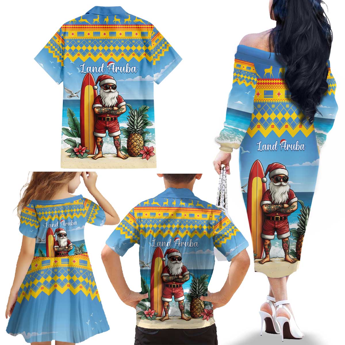 Aruba Christmas Family Matching Off The Shoulder Long Sleeve Dress and Hawaiian Shirt Surfing Santa Bon Pasco - Wonder Print Shop