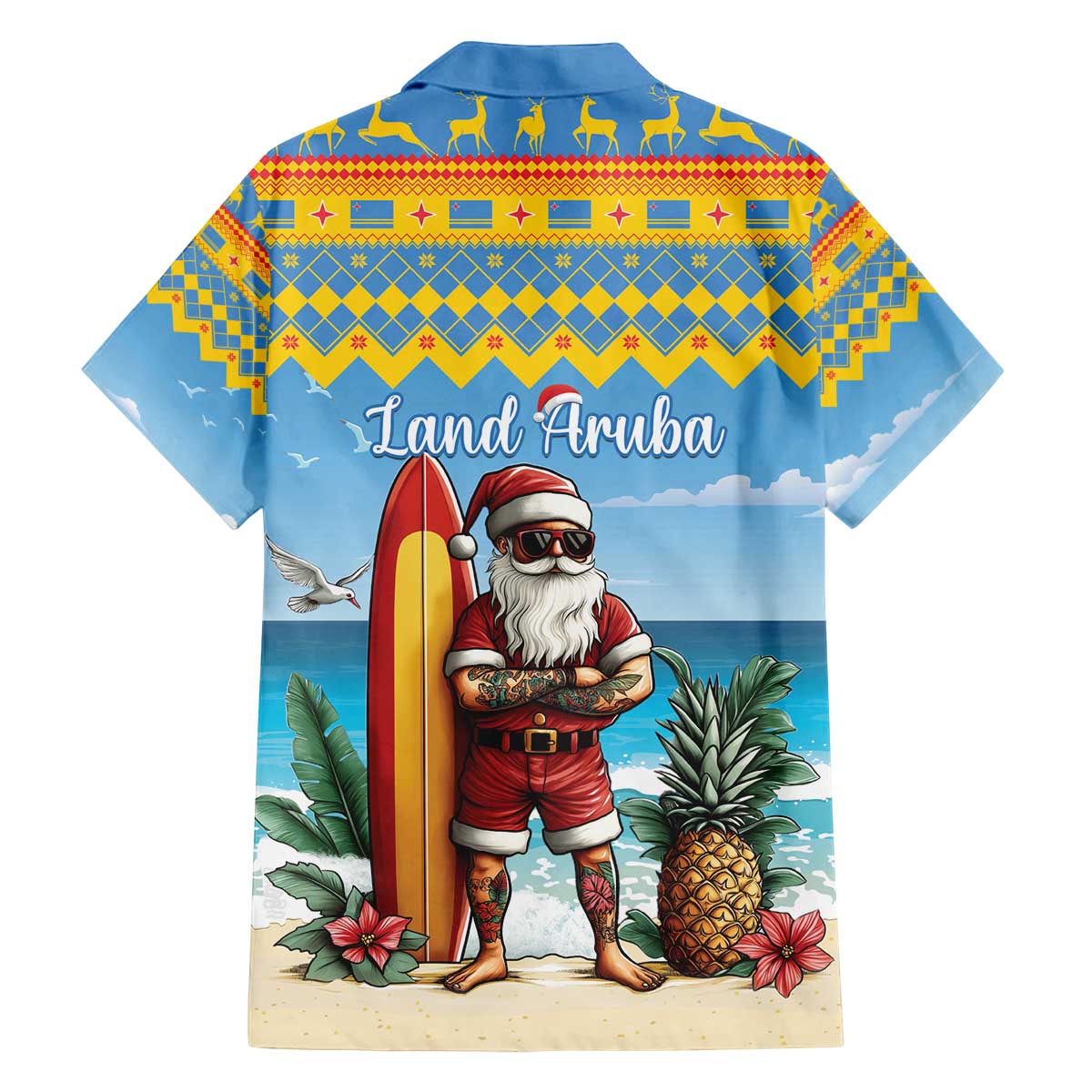 Aruba Christmas Family Matching Off The Shoulder Long Sleeve Dress and Hawaiian Shirt Surfing Santa Bon Pasco - Wonder Print Shop