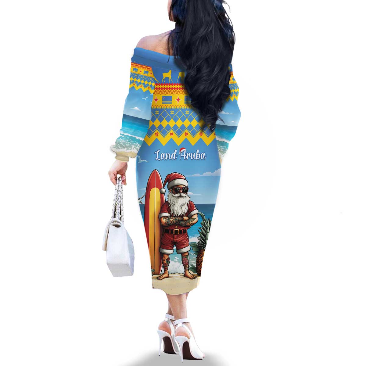 Aruba Christmas Family Matching Off The Shoulder Long Sleeve Dress and Hawaiian Shirt Surfing Santa Bon Pasco - Wonder Print Shop