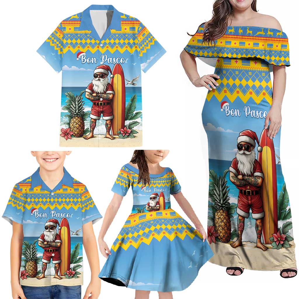 Aruba Christmas Family Matching Off Shoulder Maxi Dress and Hawaiian Shirt Surfing Santa Bon Pasco - Wonder Print Shop