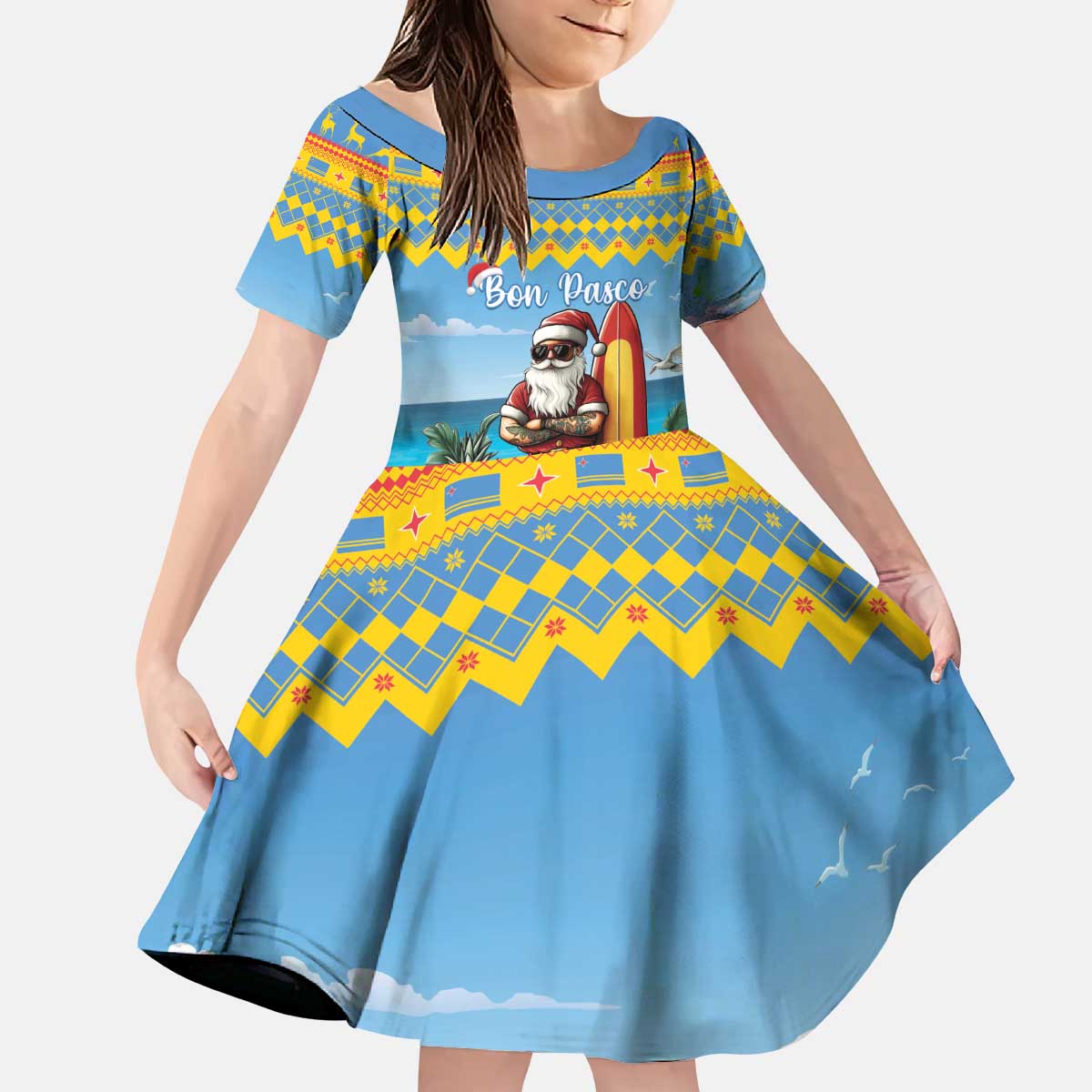 Aruba Christmas Kid Short Sleeve Dress Surfing Santa Bon Pasco - Wonder Print Shop
